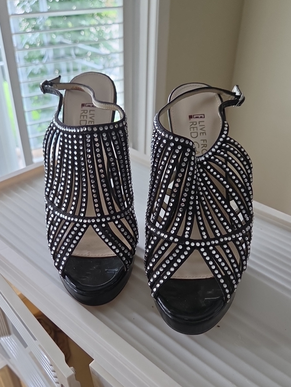 LIVE FROM THE RED CARPET STYNNINGWomen’s Black Rhinestone Strappy Peep-Toe Heels